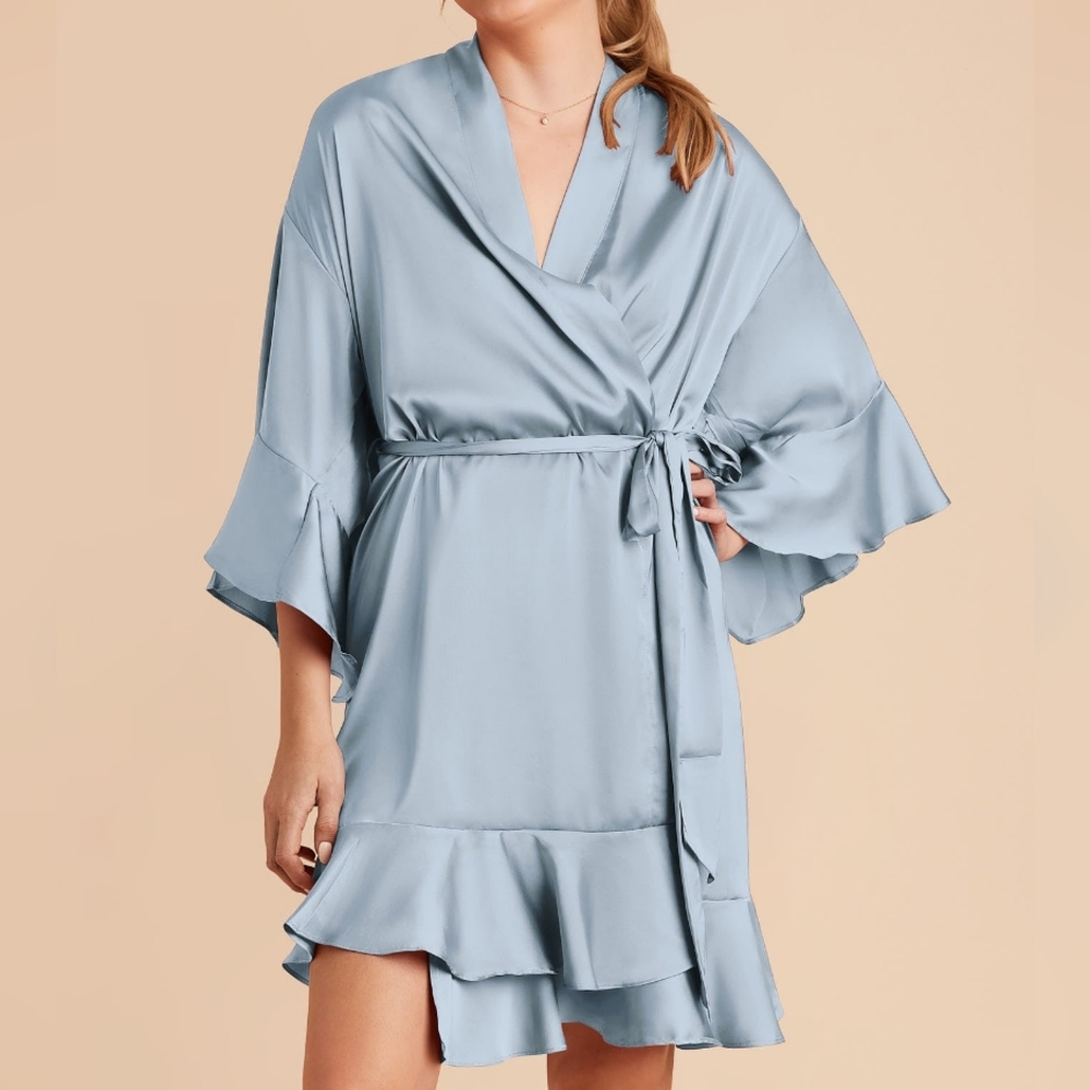 NWT Birdy Grey Dusty Blue Satin Ruffle Kenny Bridesmaid Robe
